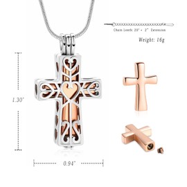 QGJNSGC Cremation Urn Memorial Pendant Necklace Heart Cross Cylindrical with Hollow Jewelry Ashes Keepsake Memorial Urn Jewelry Necklace (Silver-rose)
