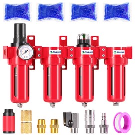 TAILONZ PNEUMATIC 1/4 Inch NPT 0-150 PSI Red Industrial Grade 4 Stage Air Drying System, Double Particulate Filter, Coalescing Filte,Desiccant Dryer and Air Regulator Manual Drainage