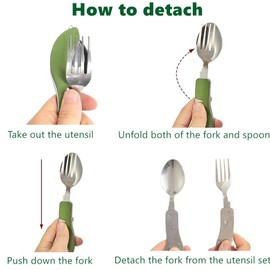 4-in-1 Portable Foldable Utensil Set Compact Knife Fork Spoon Bottle Opener Kit Stainless Steel Utensils for Camping Hiking Travel (Red + Green)