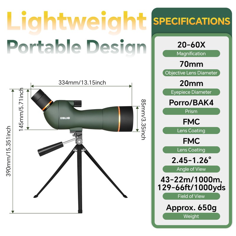 ESSLNB Spotting Scope with Tripod, 20-60x70 BAK4 High Definition Waterproof