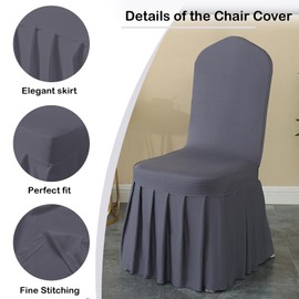 Qubjus 2 Pack Stretch Spandex Dining Chair Covers with Skirt – Washable & Fitted Slipcovers for Dining Room Chairs, Weddings, Home, Hotel Decor – Grey