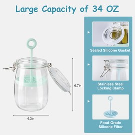 2 Pack Glass Pickle Jar with Strainer, 34 OZ Pickle Storage Container Keeper with Lift Strainer, Juice Separator Jar with Leak Proof Airtight Lid for Olive Gherkin Jalapeno Mothers Day Gifts