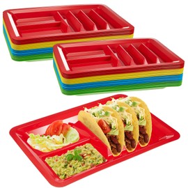 Uiifan 24 Pcs Plastic Taco Plates for Mexican Party Fiesta Taco Holder with 4 Stand up Holder and 2 Dipping Areas Colorful Taco Trays for Taco Night, Taco Tuesday Microwave Dishwasher Safe