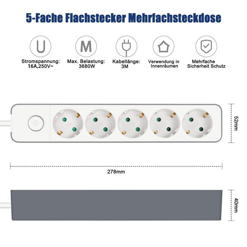 EXTRASTAR Flat Plug Multiple Socket 5-Way Multiple Socket Flat Plug