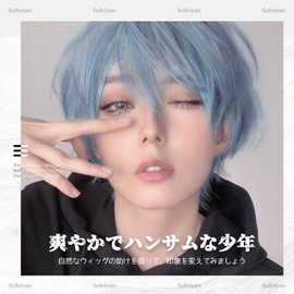 Sofeiyan Men's Wig, Short Hairpiece, Blue, Harajuku, Cool, Handsome, Full Wig, Natural, Small Face, Heat Resistant, Popular, Cosplay, Unisex, Daily Use, Wig Net Included (Greish Blue)