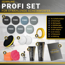 GEARLINE® Scheinwerfer Aufbereitung Set [24 Teile] - Polierset für matte & blinde Scheinwerfer - Inkl. UV-Schutz, Polierpaste, Adapter & 14 Schleifscheiben - Auto Polierset zur Aufbereitung