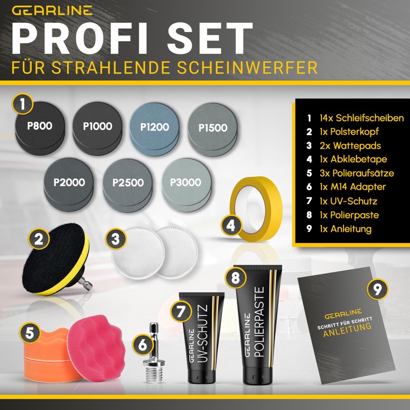 GEARLINE® Scheinwerfer Aufbereitung Set [24 Teile] - Polierset für matte