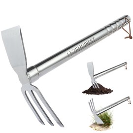 LEZEHUIBEST Hoe Garden Tool for Lawn Care, Rake Hand Tool 15" Metal Hand Hoe & 3 Prong Cultivator Dual Headed Gardening Tool for Weeding, Digging, Seeding Multipurpose