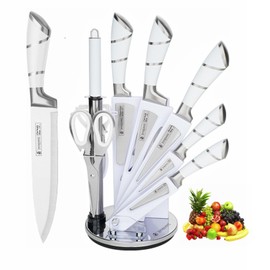 Kitchen Knife Set, 9-Piece White Kitchen Knife Set with Acrylic Block, Non Stick Sharp High Carbon Stainless Steel Knife Set for Kitchen Cutting Meat Slicing Chopping Kitchen Women Gifts
