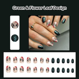 ANDGING Green Press on Nails Almond Short Medium Glue on Nails with Flower Leaf Design Fake Nails for Wedding Birthday Women Manicure Acrylic False Nails 24Pcs Gel Stick on Nail with Glue DKC88GL