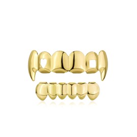 Grills for Your Teeth, Gold Grillz for Women Men, 18k Gold Plated Hip Hop Hollow Out Grillz, Vampire Fangs Teeth Caps (Gold)