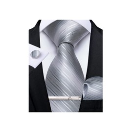 DiBanGu Mens Solid Color Ties Formal Silver Plain Necktie and Pocket Square Cufflinks Tie Clip Set Wedding