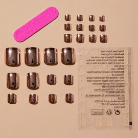 Gold Press on Toenails Short Square Fake Toenails Golden Chrome Toenails Full Cover Mirror Glue on Toenails Foot False Toenails with Design Aurora Stick on Acrylic Toenails for Women Girls Manicure