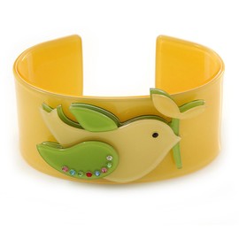 Avalaya Yellow, Light Green Acrylic, Austrian Crystal Dove Cuff Bracelet - 19cm L
