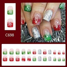 Press on Nails Christmas Acrylic Glossy Full Cover Winter Square False Nails with Xmas Designs Artificial Short Length Square Christmas Fake Nails Glue Stick ons Fingernails for Women Girls(C698)