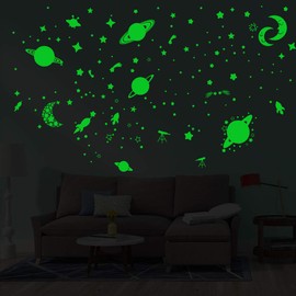 Alnicov Luminous Stars and Planets Wall Stickers Luminous Galaxy Moon Stars Rocket Ceiling DIY Wall Stickers for Bedroom Living Room Birthday Christmas Decoration Green
