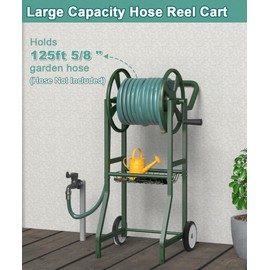 Artigarden Garden Hose Reel Cart with Wheels, Outdoor Heavy Duty Powder Coated Steel Water Winder Storage Holds 125 ft 5/8" Hose with 3.9ft Leader Hose and Basket for Backyard, Yard, Lawn, Green