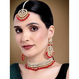 Aheli Faux Kundan Beaded Necklace Earrings Maang Tikka Indian Bollywood Ethnic Jewelry Set for Women (Red)