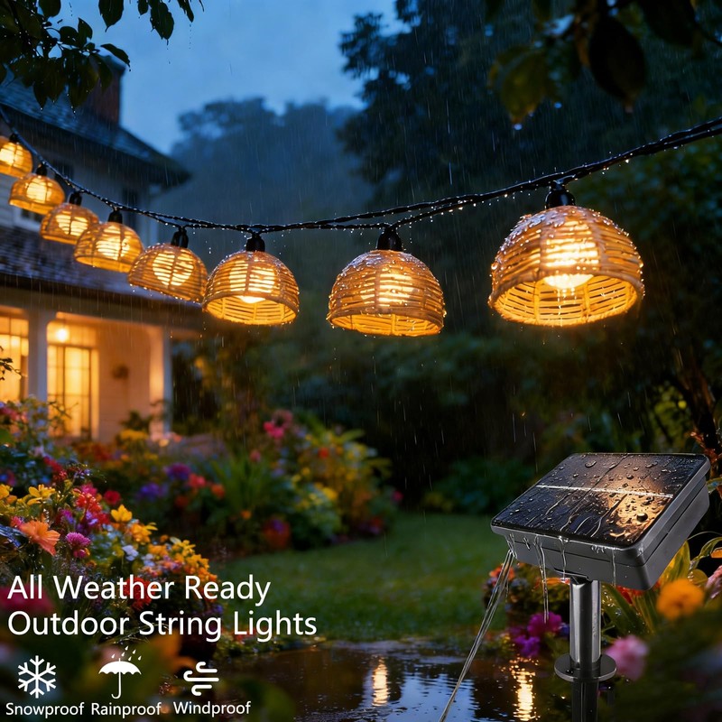 TWINKVILLA Solar Rattan String Lights Outdoor, 16FT 16 LED Half-Globe