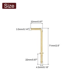 uxcell Right Angle Hooks, 20Pcs 2" L Shaped Screw Hooks Screw in Hooks, 7 Shape Right Angle Metal Screw Hooks for Hanging, Gold