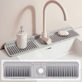 23.6 inch Silicone Faucet Mat for Kitchen Sink - 6° Slope & Fasten Button Design, Quick-Dry Splash Guard Water Catcher Behind Faucet, RV/Bathroom Safe (Gray)