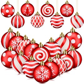 24 Pcs Christmas Ball Ornaments 2.36 Inches Red and White Christmas Tree Decoration Ornaments Glitter Plastic Stripe Dot Snowflake Hanging Ball Christmas Decorations for Home Indoor Outdoor