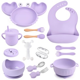 mraisebossup Silicone Baby Feeding Set 15 Pcs，Baby Spoons Suction Bowl Divided Plate Bib Cup Finger Brush Teething Teether Training cups,Baby Led Weaning Supplies（purple）