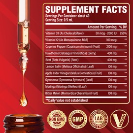 2Packs of 30ml - Cayenne Pepper Liquid Drops with Vitamin D3, Vitamin K2, Hawthorn Berry, Beet Root, Lemon, Apple Cider Vinegar, Gymnema, Moringa, Bitter Melon - Digestion Support - 120 Day Supply