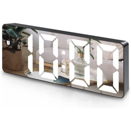 GKMJ Reloj Despertador Digital,Despertador Digital de Pantalla LED,Pantalla Grande de 6.5 Pulgadas,Brillo Ajustable con Función de Repetición,Pantalla Tipo Espejo,12/24 Horas,para Dormitorio (Negro)