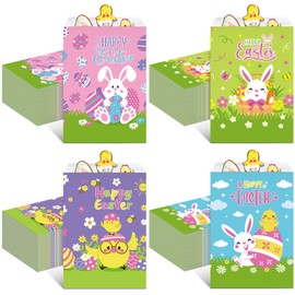 Fullhawl 120 Pcs Happy Easter Gift Bags Easter Favor Bags Bunny Treat Pouches Egg Hunt Paper Candy Pouches for Spring Party Wrapping Snacks Gifts Favors Supplies, 4 Designs(Classic)