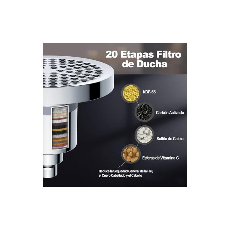 7 Modos Ajustables Cabezal de Ducha Filtrado,20 Etapas Filtro