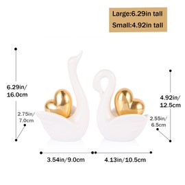 Ceramic Swan Couple Figurines – White Swan with Gold Heart Statue, Romantic for Couples Parents, Swan Decor Wedding Mini Statues, Bedroom Dresser Shelf Decor Knick Knacks
