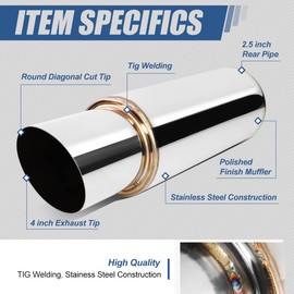 Auto Dynasty Universal 2.5 Inches Straight-Through Muffler with Double Walled Slant Diagonal Cut Tip, Stainless Steel