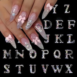 26Pcs Letter Nail Charms for Acrylic Nails, Silver Letter English Alphabet Nail Rhinestones Decoration Diamond Letters Nail Jewels DIY Manicure Acrylic Nail Art Accessories for Women and Girls