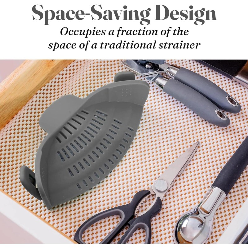 Kitchen Gizmo Hands Free Clip On Strainer Gray Silicone Dishwasher