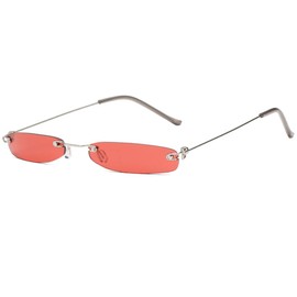 Armear Fashion Rimless Narrow Small Rectangle Sunglasses Clear Colored Lens Red Tinted