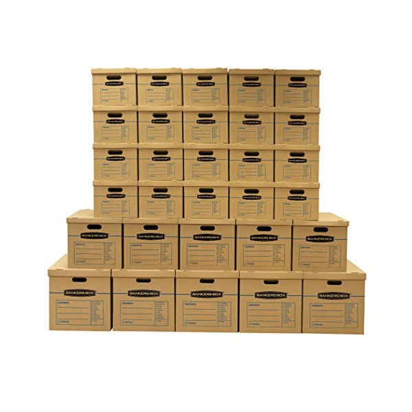 Bankers Box SmoothMove Classic Moving Boxes, 30 Pack Small, Medium, and Large Box Kit, Tape-Free Assembly, Easy Carry Handles