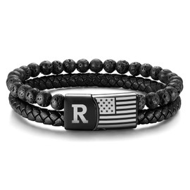 MEALGUET Initial R Bracelet for Men Gifts : Mens American Flag Letter Black Lava Rock Braided Leather Bracelets for Valentines Birthday Christmas Male Jewelry Gift for Him Husband Dad Son Boyfriend