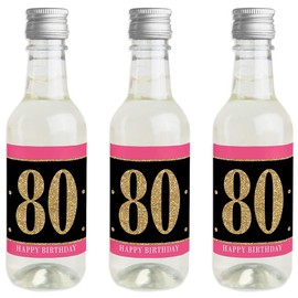 Chic 80th Birthday - Pink, Black and Gold - Mini Wine and Champagne Bottle Label Stickers - Birthday Party Favor Gift for Women and Men - Set of 16