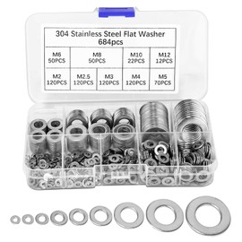 Flat Washers Set Stainless Steel 684 Pieces with Assortment Box Total 9 Different Sizes M2 M2.5 M3 M4 M5 M6 M8 M10 M12 Flat Lock Washers Body Washers for Screws Nuts
