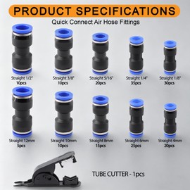 180PCS Quick Connect Air Hose Fittings,1/8 1/4 5/16 3/8 1/2 inch & 4/6/8/10/12mm Straight Push to Connect Fittings for Air Compressor Tool,Air brake systems,Pneumatic automation,Transportation