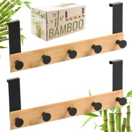 RICOO MH029N-5x2 Door Coat Rack, Environmentally Friendly Hook Rail for Hanging, 5 Steel Hooks, Bamboo Strip, Door Mounting No Drilling, Door Hooks for Jackets, Bags, 32 x 13 x 6.6 cm, Natural & Black