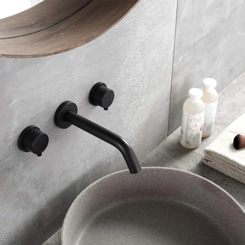 Homein Matte Black Double Handle Concealed Wall Mount Sink Faucet,