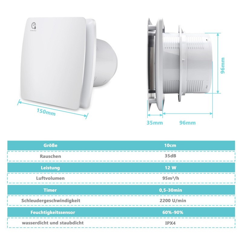 Izrielar Bathroom Fan 100 mm with Humidity Sensor and Backflow