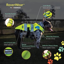 Kishigo RoverWear Reflective Safety Vest for Dogs DG100, 2 Zipper Pockets, Hook and Loop Closure, Adjustable Neck and Chest, Non ANSI, Reflective Piping, Walk Friendly (Lime, S)