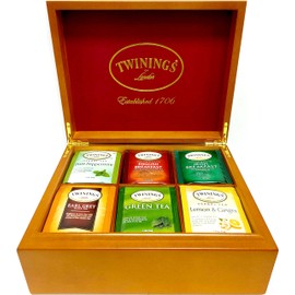 Twinings of London 6 Slot Wood Chest Gift Set Tea Variety Sampler, 60 Count (10 of Each Flavor - Green, Earl Grey, English Breakfast, Lemon & Ginger, Peppermint, Irish Breakfast)