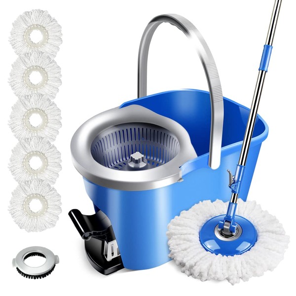 Masthome Microfiber Spin Mop and Bucket with 5 Mop Pads Refills and 1 Cleaning Brush, Self Wringing Mop and Foot Pedal Bucket System for Hardwood Laminate Ceramic Marble Tile Floor Cleaning
