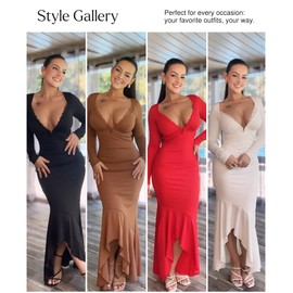 Popilush Long Sleeve Dress for Wedding Guest Lace Shapewear Dress Deep V Neck Maxi Dresses Black