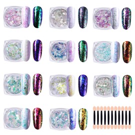 FantasyDay Chrome Nail Powder Nail Glitter Sequins Holographic Chameleon Shimmer Nail Powder Nail Art Decoration Fairy Dust Glitter for Nails - Home Nail Salon, 11 Colors