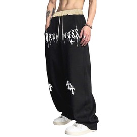 ZAFUL Mens Y2K Cross Letter Graphic Goth Sweat Pants Drawstring Wide Leg Casual Sweatpants for Men Unisex Streetwear Black&White S